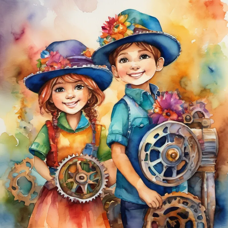 Coco and Ale had ADHD with a vibrant personality, wearing a colorful hat with gears and always in motion. working together in harmony