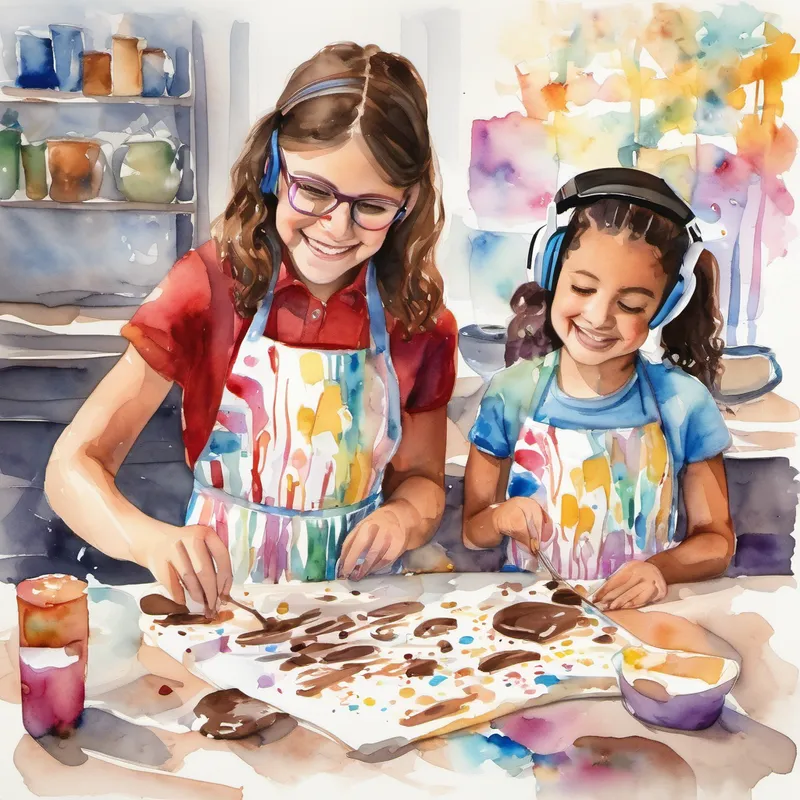 Casey had a physical disability, wearing a paint-streaked apron and a warm smile. and Mia had a hearing impairment, wearing headphones and using sign language to communicate. working on a chocolate design