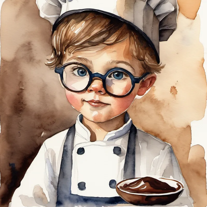 Max had limited intelligence, wearing glasses and a chef's hat with chocolate smudges. tasting and creating delicious chocolate blends