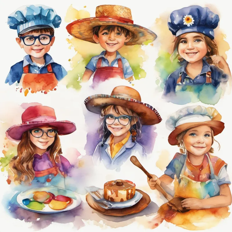 A tribute to Coco, Ale had ADHD with a vibrant personality, wearing a colorful hat with gears and always in motion., Casey had a physical disability, wearing a paint-streaked apron and a warm smile., Max had limited intelligence, wearing glasses and a chef's hat with chocolate smudges., and Mia had a hearing impairment, wearing headphones and using sign language to communicate.