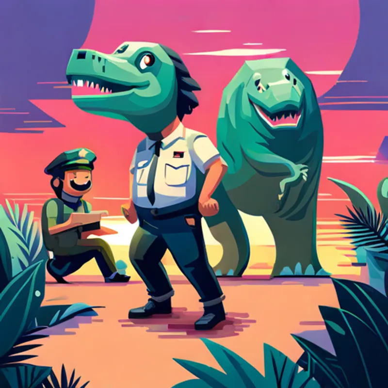 Dino, police officer, smiling, surrounded by dinosaur friends