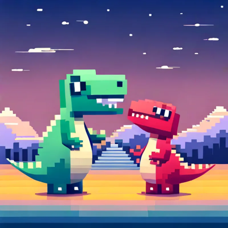 Dino and T-rex shaking hands, smiling and happy