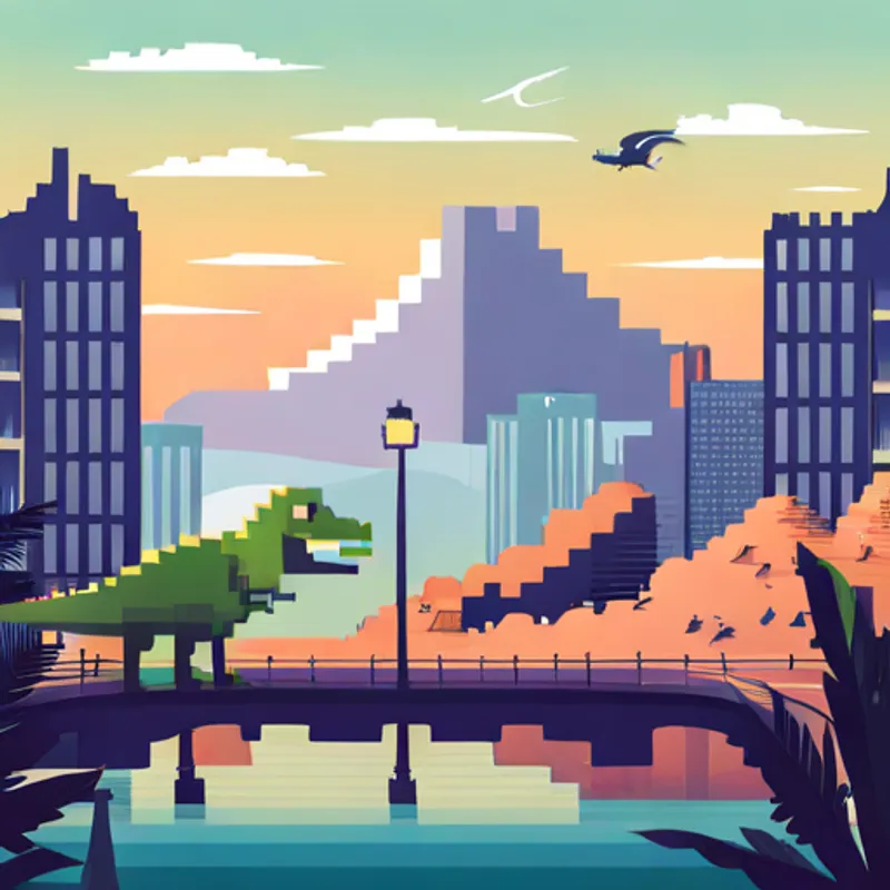 Dino and T-rex patrolling the city, dinosaurs playing joyfully