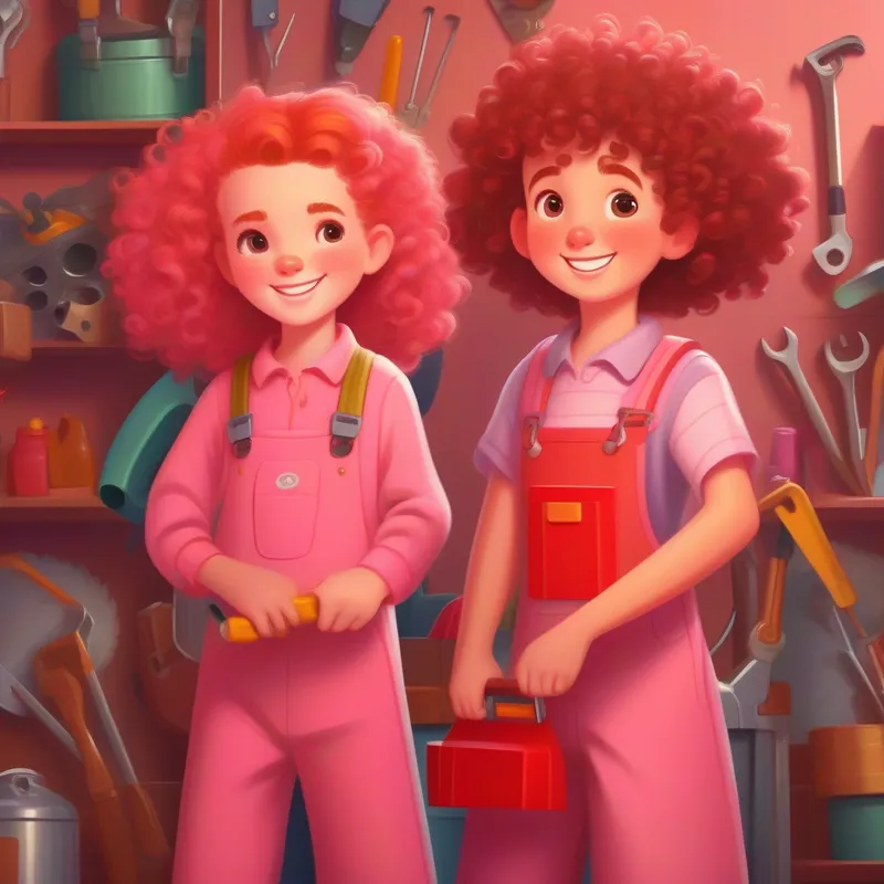 Curly-haired girl in a pink dress, carrying a toolbox and Red-haired girl wearing overalls, always ready for action smiling, surrounded by tools and household items