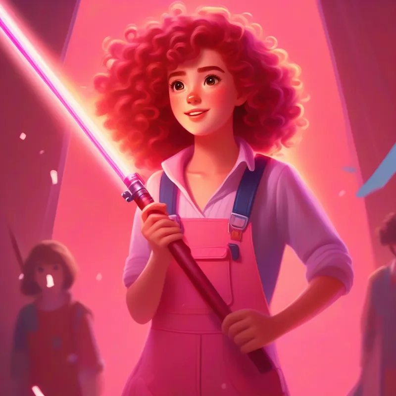 Curly-haired girl in a pink dress, carrying a toolbox holding a ceiling fan, Red-haired girl wearing overalls, always ready for action with light sabers, excitement on their faces