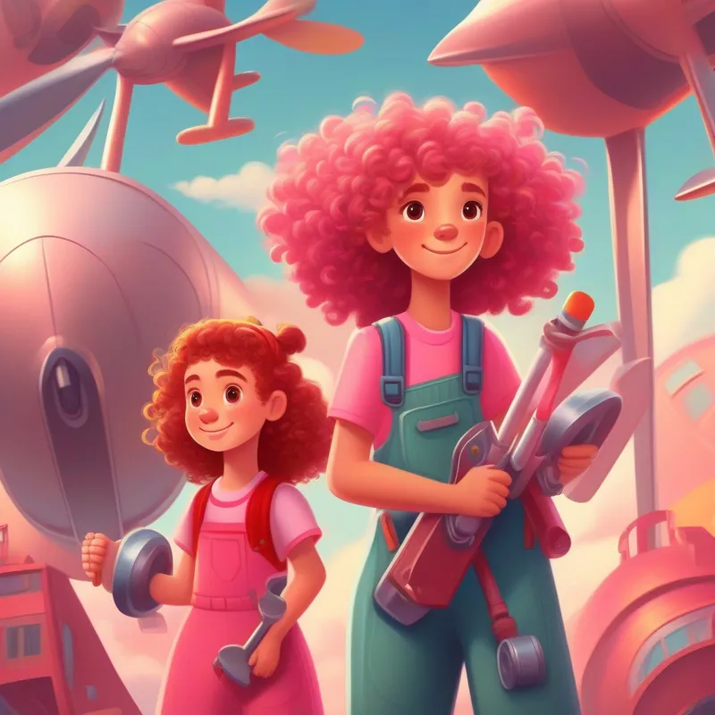 Curly-haired girl in a pink dress, carrying a toolbox and Red-haired girl wearing overalls, always ready for action using tools and magic to create their airplane, skateboard with fan propellers