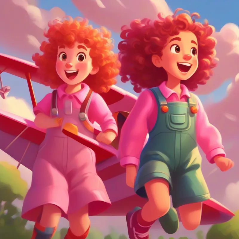 Curly-haired girl in a pink dress, carrying a toolbox and Red-haired girl wearing overalls, always ready for action flying in their homemade airplane, expressions of joy and wonder