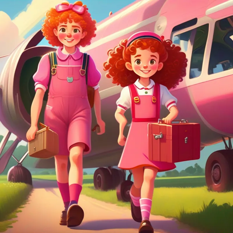 Curly-haired girl in a pink dress, carrying a toolbox and Red-haired girl wearing overalls, always ready for action in Ireland, airplane parked near a village, leprechauns welcoming them