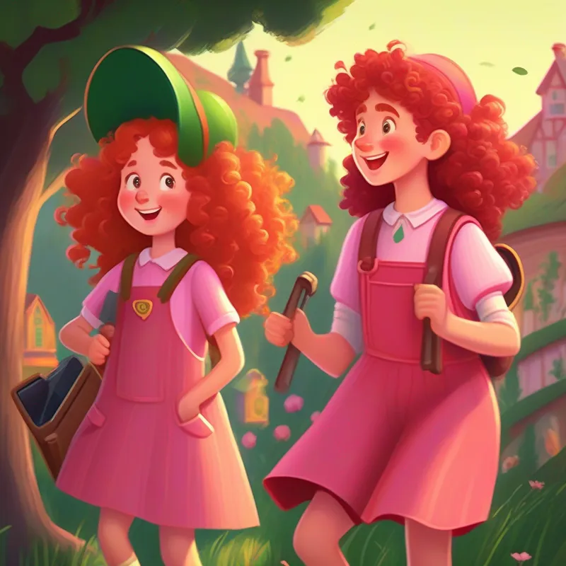 Curly-haired girl in a pink dress, carrying a toolbox, Red-haired girl wearing overalls, always ready for action, and leprechauns sharing stories, friendship and gratitude