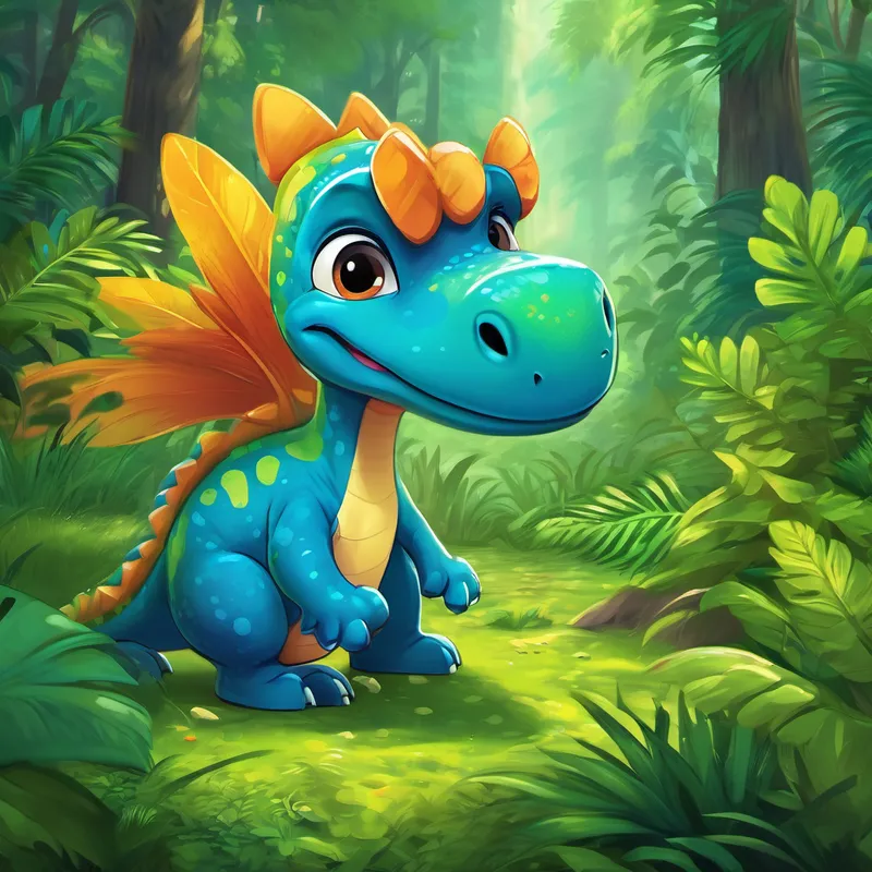 Once upon a time, in a lush green forest, lived a baby dinosaur named Dino. Dino was a tiny and adorable dinosaur, covered in soft and colorful feathers. He had bright blue eyes that sparkled with curiosity and mischief. Dino loved exploring the forest and playing with other baby dinosaurs. One sunny day, while Dino's parents were out searching for food, the little dinosaur found himself all alone near a sparkling river. He felt scared and lonely among the towering trees. Dino didn't know where his family had gone, and he began to cry out for them to come back.