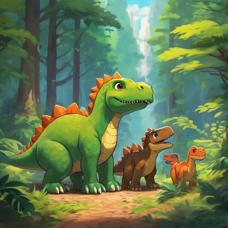 As Dino's cries echoed through the forest, the sound reached the ears of a group of dinosaurs called The Friendly Bunch. The Friendly Bunch were known for their kindness and compassion. They immediately rushed toward the sound, hoping to help whoever was in need. When they arrived, they spotted the little Dino all alone, looking sad and helpless. The Friendly Bunch huddled together to come up with a plan. They couldn't bear to see the little dinosaur in distress.