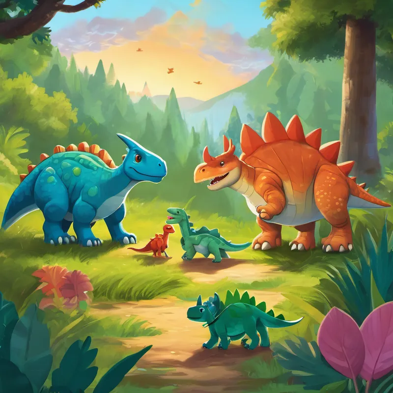 Together, they spent their days playing games and exploring the forest. Dino quickly made friends with a playful Stegosaurus named Spike, a kind and generous Triceratops named Trixy, and a speedy Pterodactyl named Pete. The Friendly Bunch made sure Dino felt like a part of their big family. As time passed, Dino grew strong, wise, and confident. He learned to chase butterflies with Spike, to share his food with Trixy, and to soar through the sky with Pete. It didn't matter that Dino didn't have his own family because The Friendly Bunch embraced him as their own.