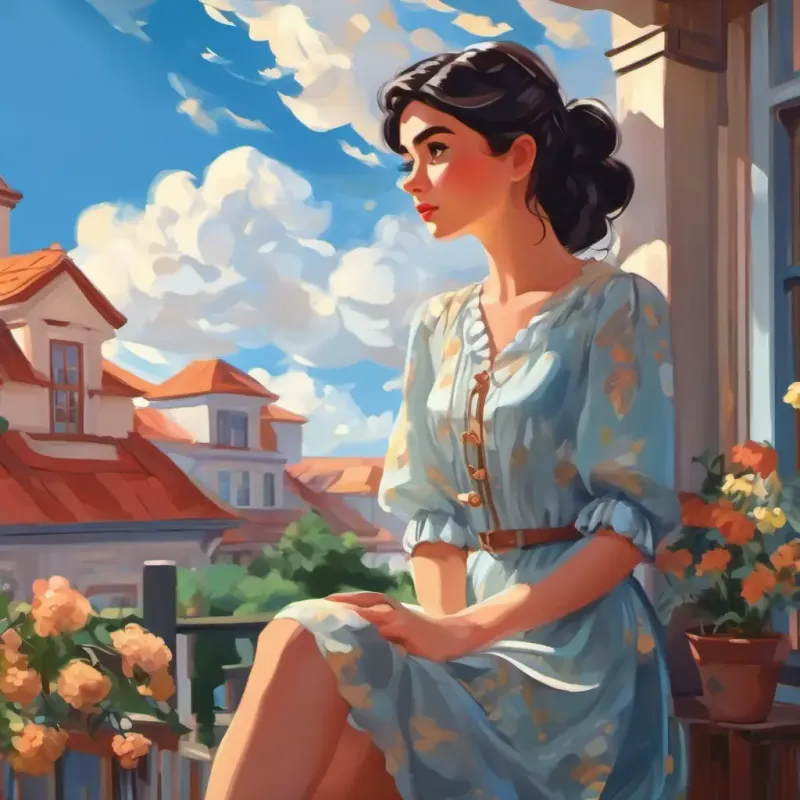 Dark-haired girl with bright eyes, passionate about fashion dreaming on the porch, comparing clouds to dresses.