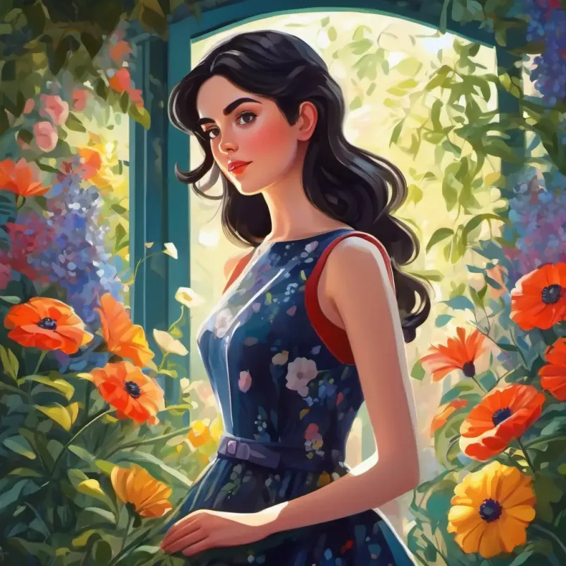 Dark-haired girl with bright eyes, passionate about fashion drawing dresses, inspired by her garden's flowers.
