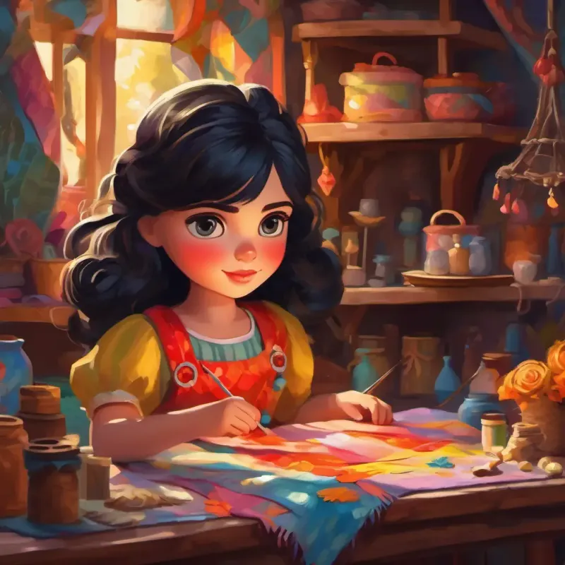 Dark-haired girl with bright eyes, passionate about fashion creating doll clothes from old fabrics, enjoying her craft.