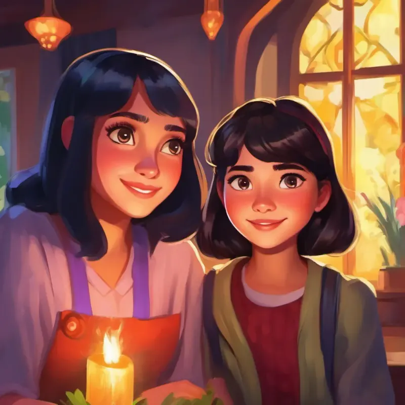 Amaya's supportive friend with a light-hearted spirit admiring Dark-haired girl with bright eyes, passionate about fashion's talent, she feels proud.