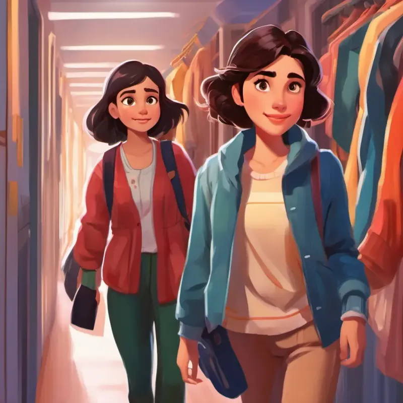 Amaya's supportive friend with a light-hearted spirit and Dark-haired girl with bright eyes, passionate about fashion setting up a makeshift runway in the hallway.