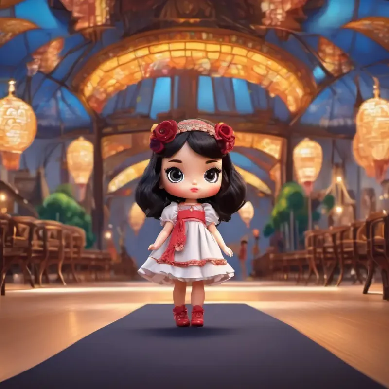 Dolls modeling on the runway, exhibiting Dark-haired girl with bright eyes, passionate about fashion's designs.