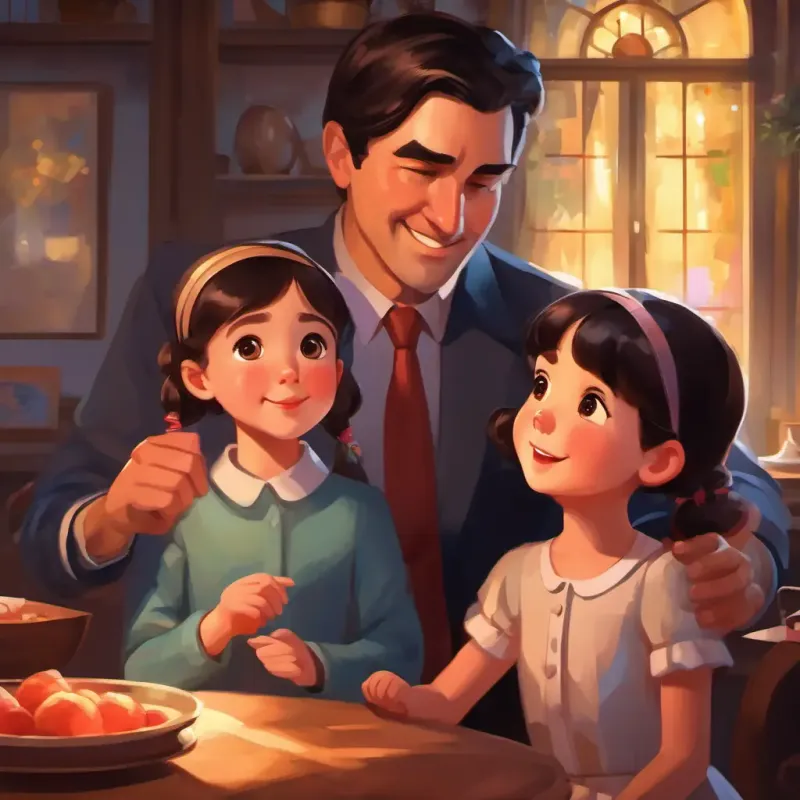 Family applauds, Dark-haired girl with bright eyes, passionate about fashion bows, receiving her father's praise.