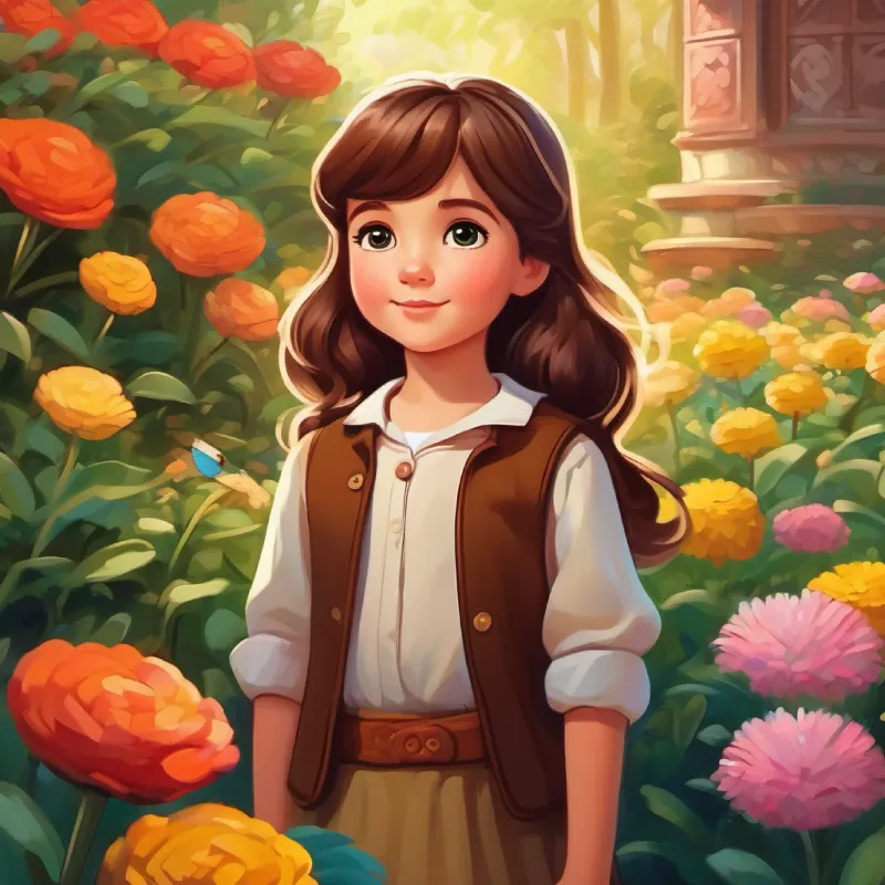 5-year-old girl, brown hair, curious eyes with brown hair in a colorful garden.