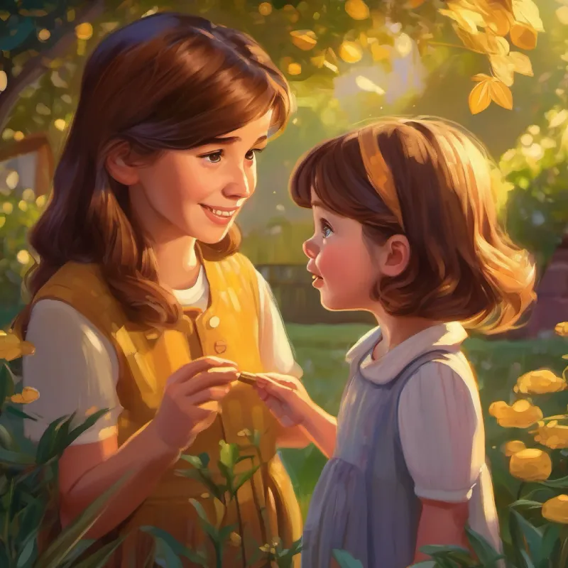 Golden coin with face talking to 5-year-old girl, brown hair, curious eyes in garden.