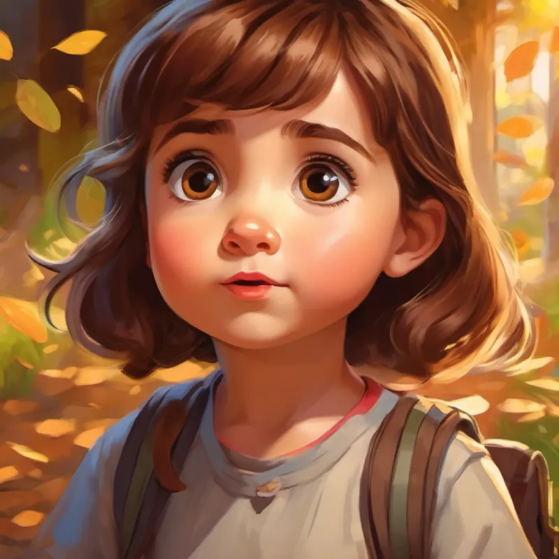 5-year-old girl, brown hair, curious eyes and coin talking, surprised expression.