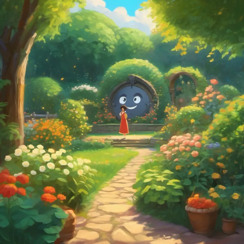 Coin explains, smiling face, in garden.