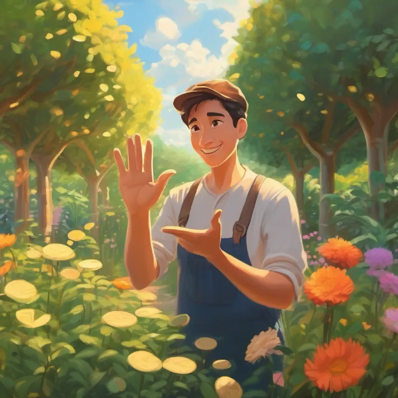 Coin explaining, hand gestures, in garden.