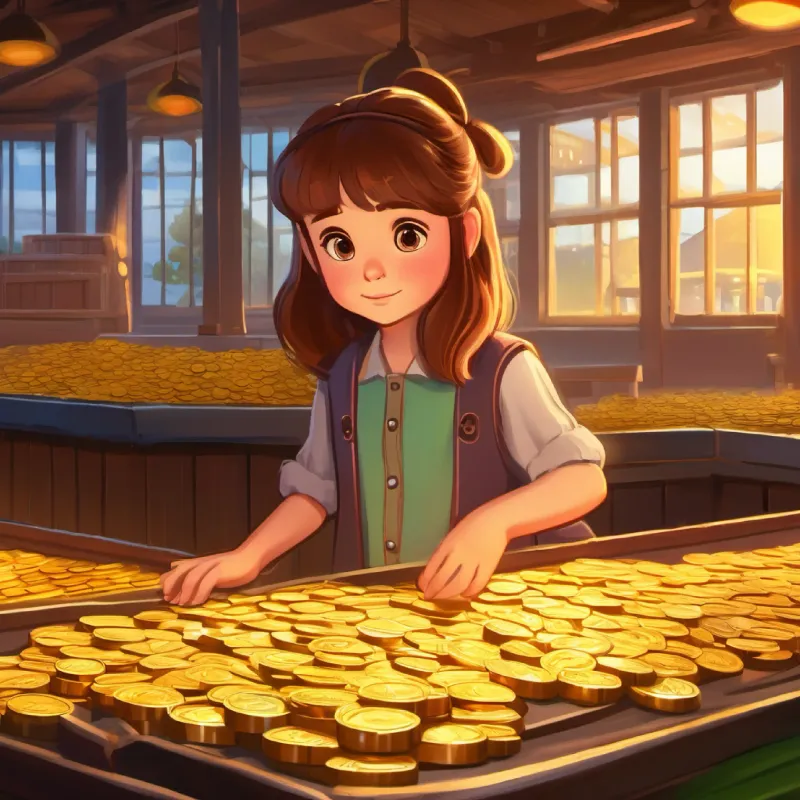 Coin glowing, taking 5-year-old girl, brown hair, curious eyes to a coin factory.