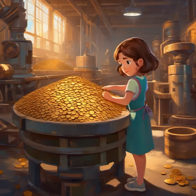 Machines in factory making coins, 5-year-old girl, brown hair, curious eyes and coin observing.