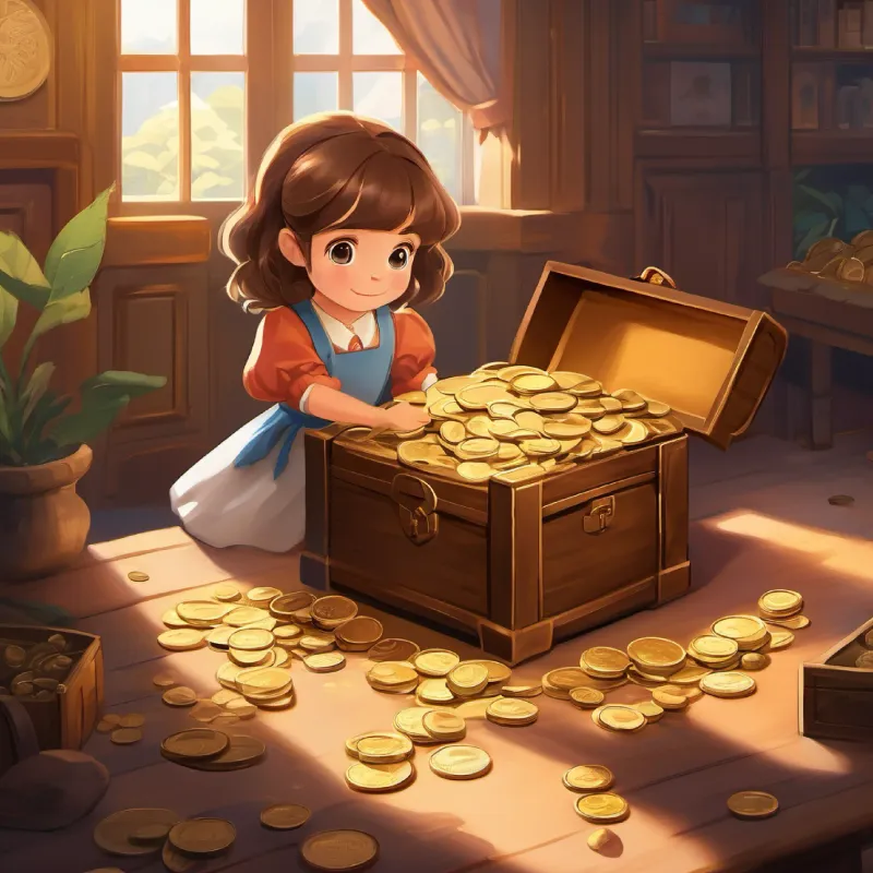 Bank setting with money chests, 5-year-old girl, brown hair, curious eyes and coin.