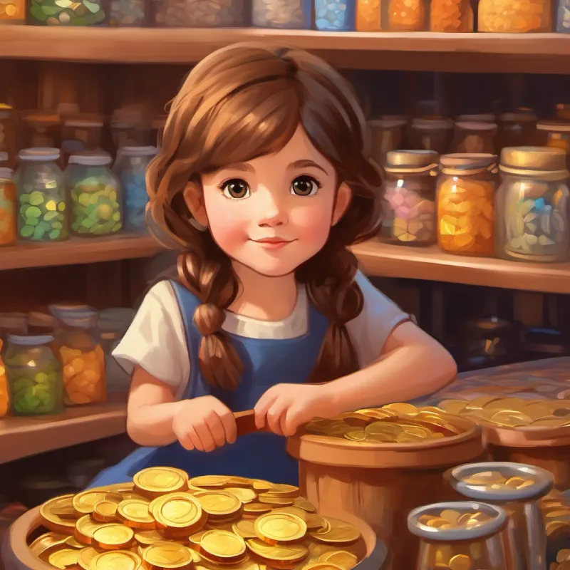 Store setting with products, 5-year-old girl, brown hair, curious eyes and coin.
