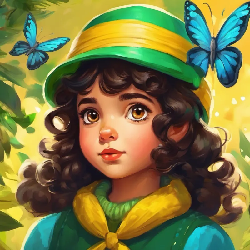 Chapeuzinho, girl with dark curly hair, brown eyes, wearing a green and yellow hat is distracted by a blue butterfly and follows it.