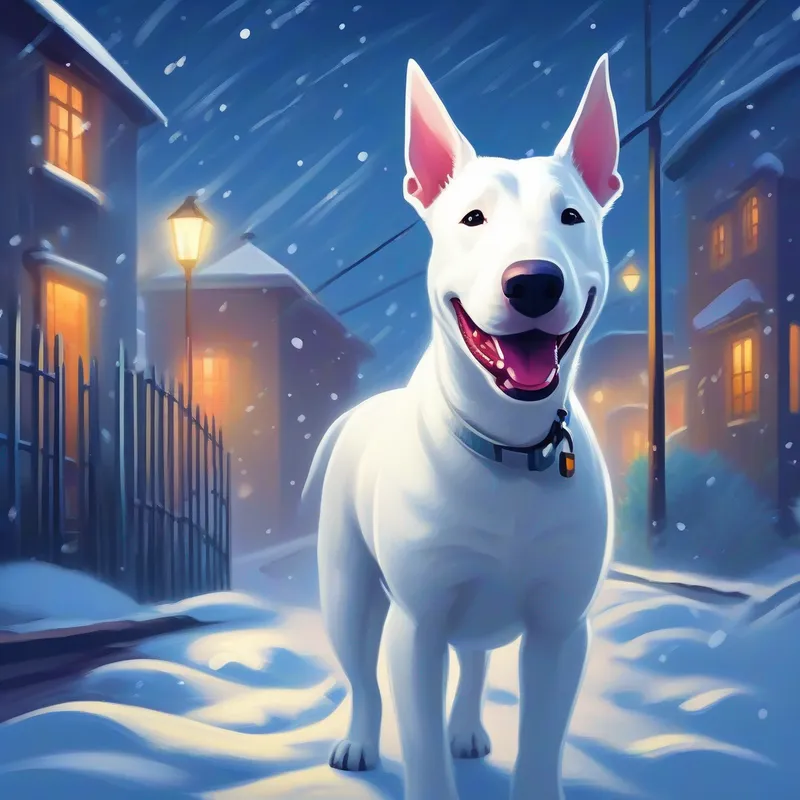 White bullterrier dog with a friendly and kind expression goes home on a snowy night in Cape Town