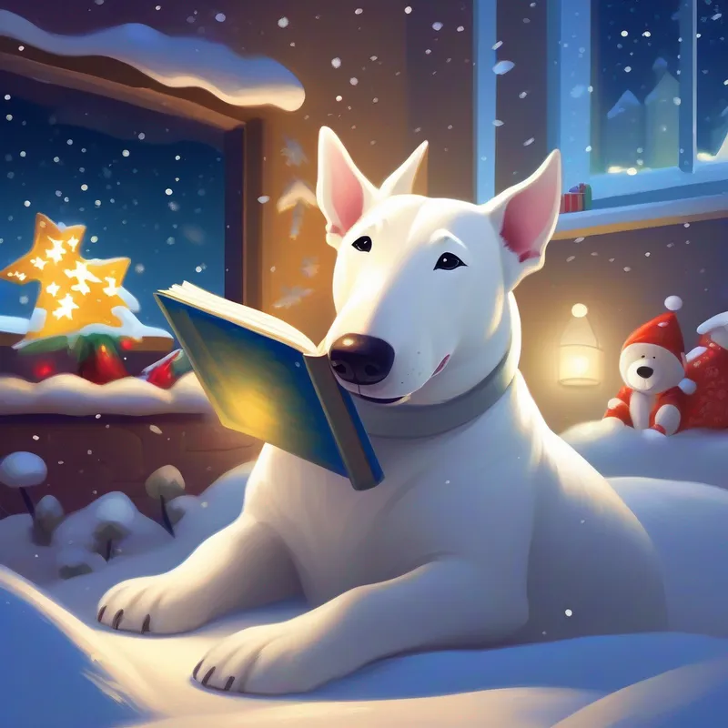 White bullterrier dog is reading a bedtime story on a X-mass night, Children are in the background, it is snowing outside.