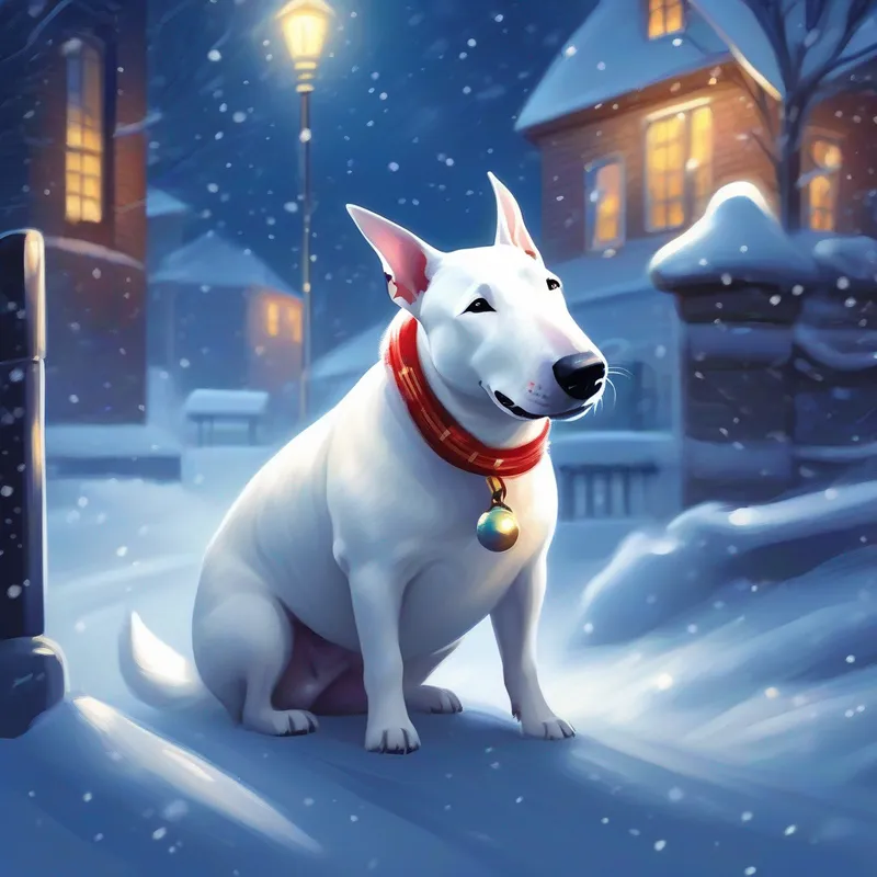 White bullterrier dog on a snowy Christmas night. he is in the city caring gifts in a sack.