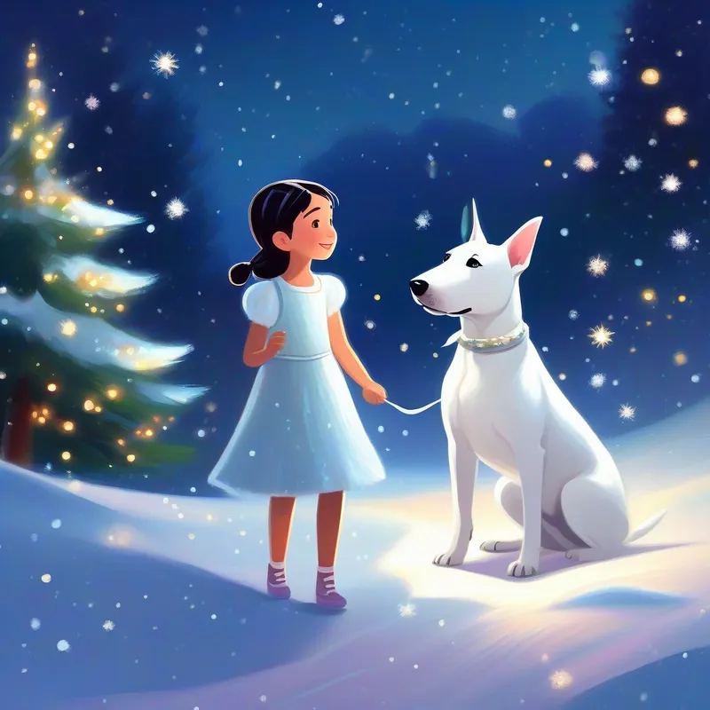 White bullterrier dog with a friendly and kind expression and Girl with dark hair, wearing a sparkly fairy dress receives a fairy dress, On a X-mass snowy night,