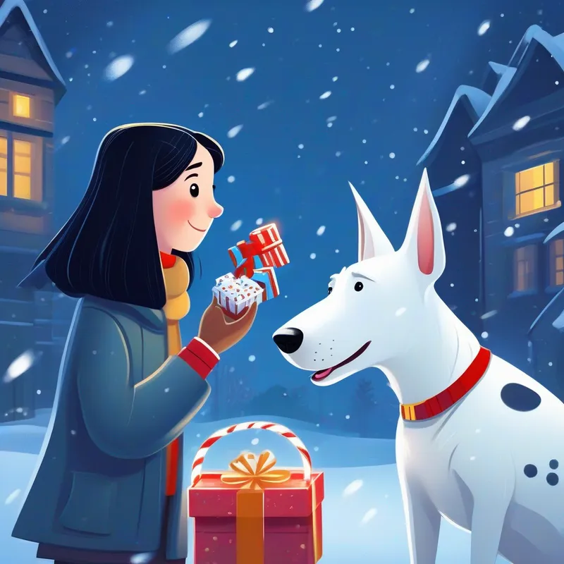 White bullterrier dog with a friendly and kind expression and Girl with long black hair, holding a box of chocolates receives a box of chocolates from White bullterrier dog on a X-mass snowy night,