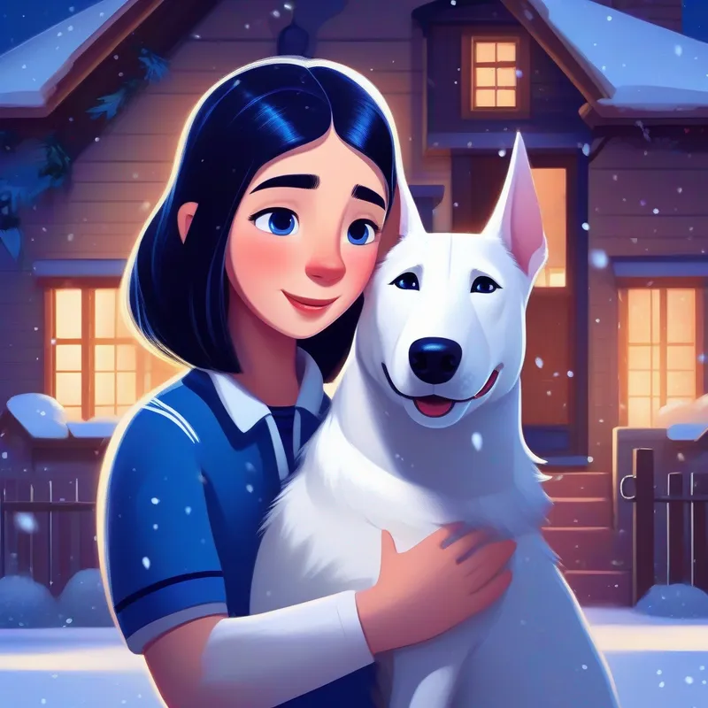 White bullterrier dog is hugging a girl with dark hair and big blue eyes wearing a rugby shirt. hey are in the snow in front of the house.  on a snowy X-mass night!