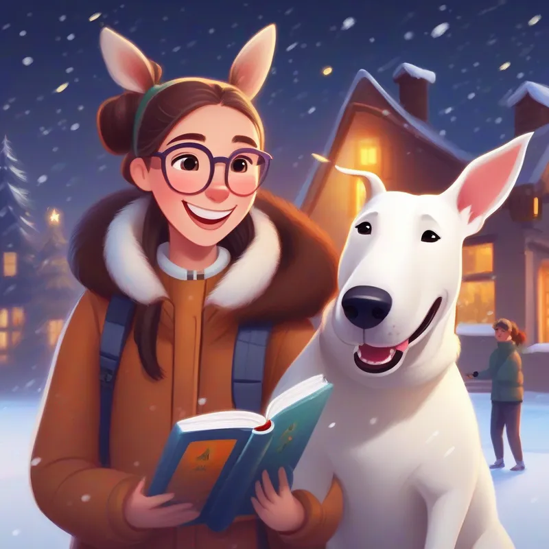 White bullterrier dog with a friendly and kind expression and a Girl with brown hair, wearing glasses and a big smile receives her favorite book on a snowy X-mass night!