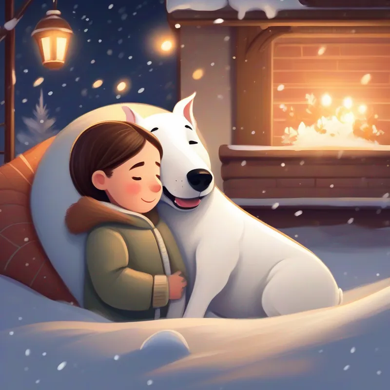 White bullterrier dog with a friendly and kind expression and Girl with brown hair and brown eyes, hugging a pillow receives a soft pillow on a X-mass snowy night,