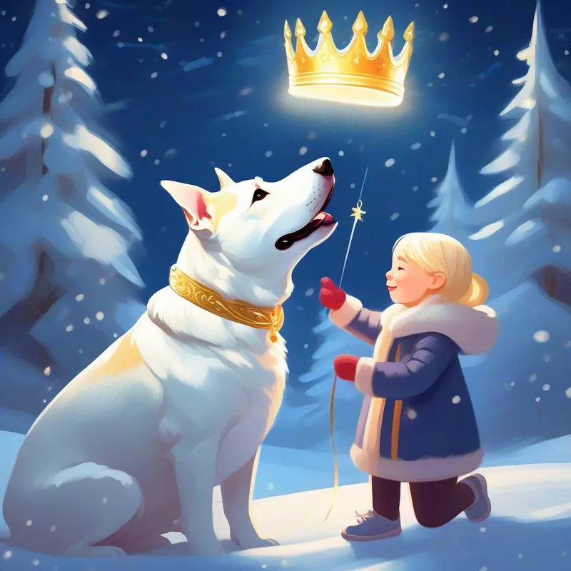 Girl with light blonde hair, wearing a princess crown receives a princess crown from White bullterrier dog, On a X-mass snowy night,