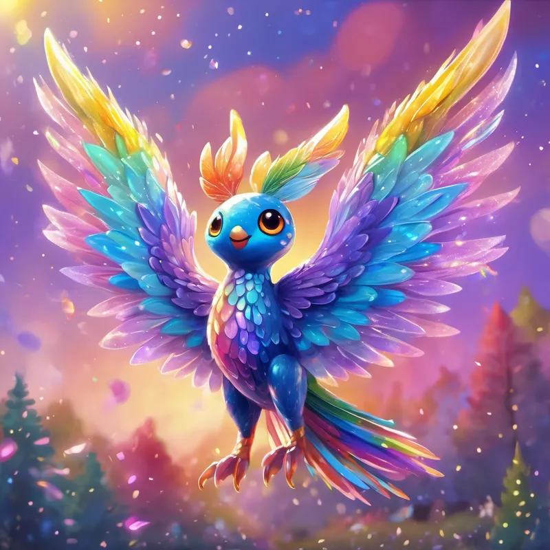 A colorful creature with sparkly wings, spreading happiness., a colorful and cheerful creature with sparkly wings