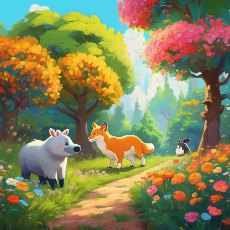 Animals chatting, trees with smiling faces, and bright flowers