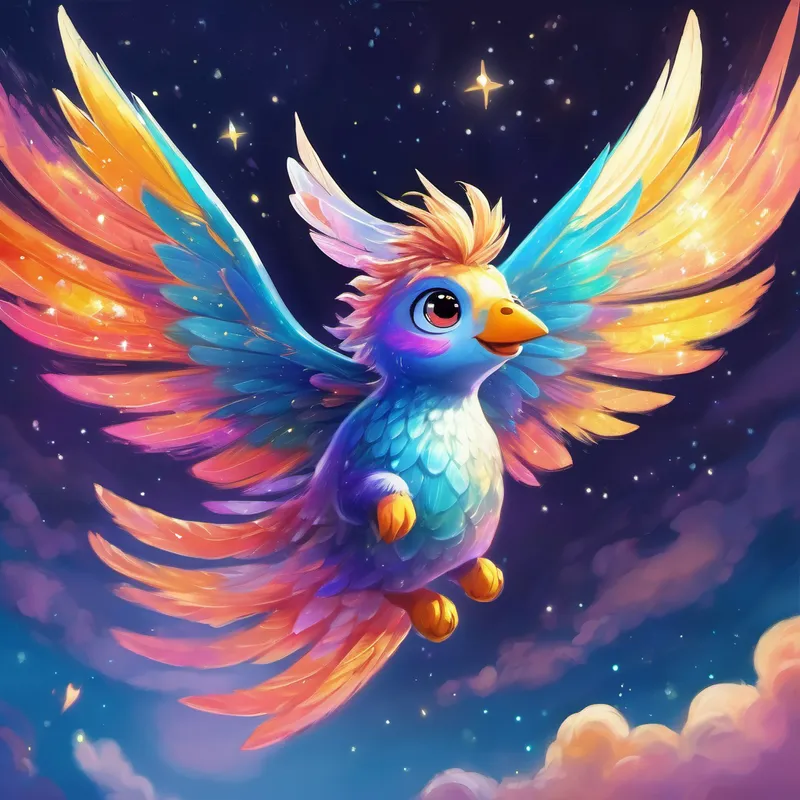 A colorful creature with sparkly wings, spreading happiness. flying through the sky with determination and joy