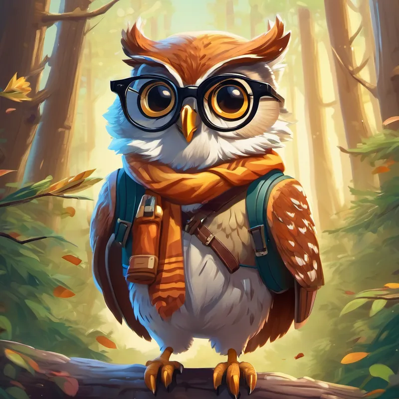 A Wise owl wearing glasses, guiding the adventurers. wearing glasses and a mischievous squirrel