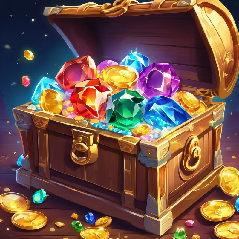 A sparkling chest full of colorful gems and gold coins