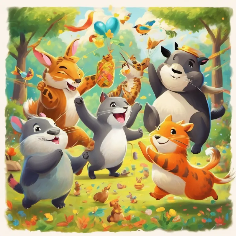 Animals celebrating, dancing, and sharing joy and wealth