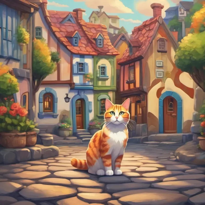 A colorful striped cat in a whimsical town with cottages and cobblestone streets