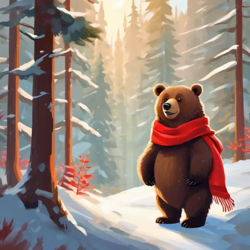 Introducing Furry brown bear, bright-eyed, with a red scarf and the forest setting.